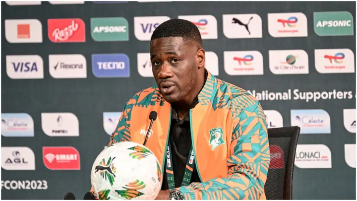 Ivory Coast's coach Emerse Fae speaks during a press conference at the Palais de la Culture in Abidjan. Photo by Sia Kambou.