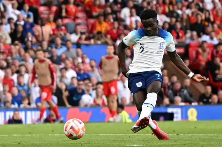 Bukayo Saka scored a hat-trick in England's 7-0 thrashing of Macedonia