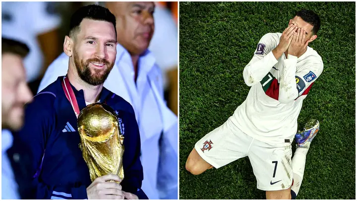 Lionel Messi with the 2022 World Cup trophy while his rival, Cristiano Ronaldo laments being eliminated from the tournament in Qatar.