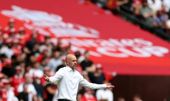 Manchester United manager Erik ten Hag gestures during the FA Cup final