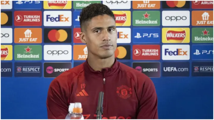 Raphael Varane attends a press conference ahead of the UEFA Champions League week 2 football match between Galatasaray and Manchester United. Photo by Rasid Necati Aslim.