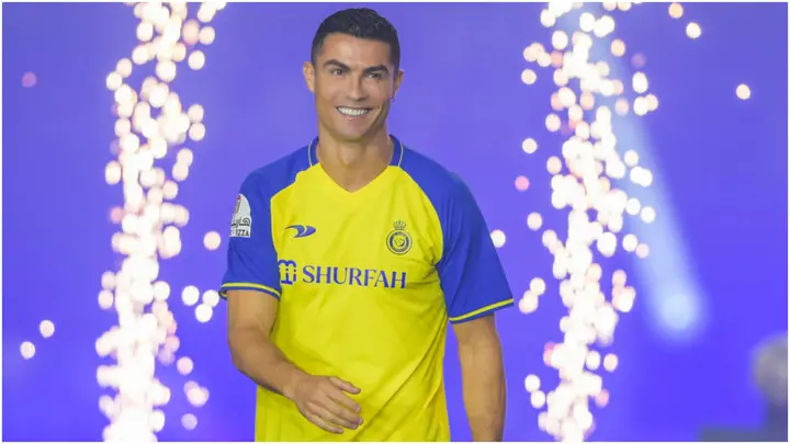Cristiano Ronaldo smiles as he is unveiled as an Al Nassr player at Mrsool Park Stadium. Photo by Khalid Alhaj.