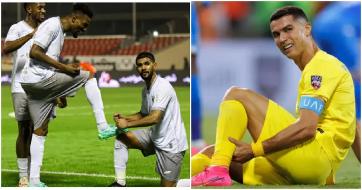 Bernard Mensah celebrates scoring for Al-Tai, with his performances setting him above Al-Nassr's Cristiano Ronaldo for November