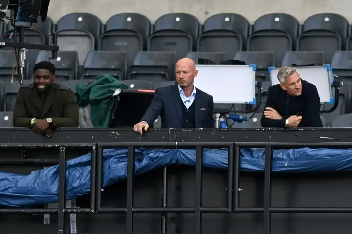 Former players and television presenters Micah Richards (L), Alan Shearer (C) and Gary Lineker (R)