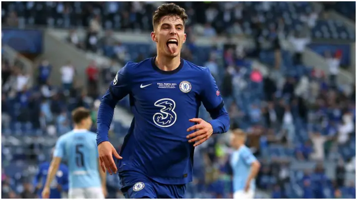Kai Havertz celebrates after scoring during the UEFA Champions League match between Manchester City and Chelsea FC at Estadio do Dragao. Photo by Jose Coelho.