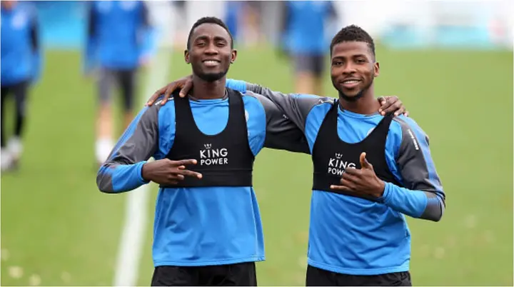 Kelechi Iheanacho reacts after scoring 2 goals helping Leicester defeat Manchester United in FA Cup