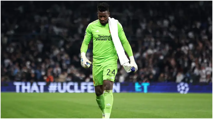 Andre Onana looks dejected as he leaves the pitch during the UEFA Champions League match between F.C. Copenhagen and Manchester United at Parken Stadium. Photo by Maja Hitij.